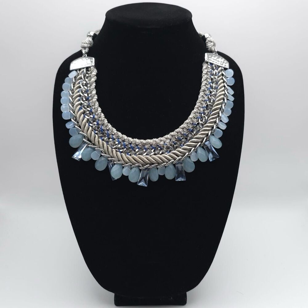 VINTAGE CHICO'S Crystal Blue Beaded Fabric Silver Tone Metal‎ BIB Necklace